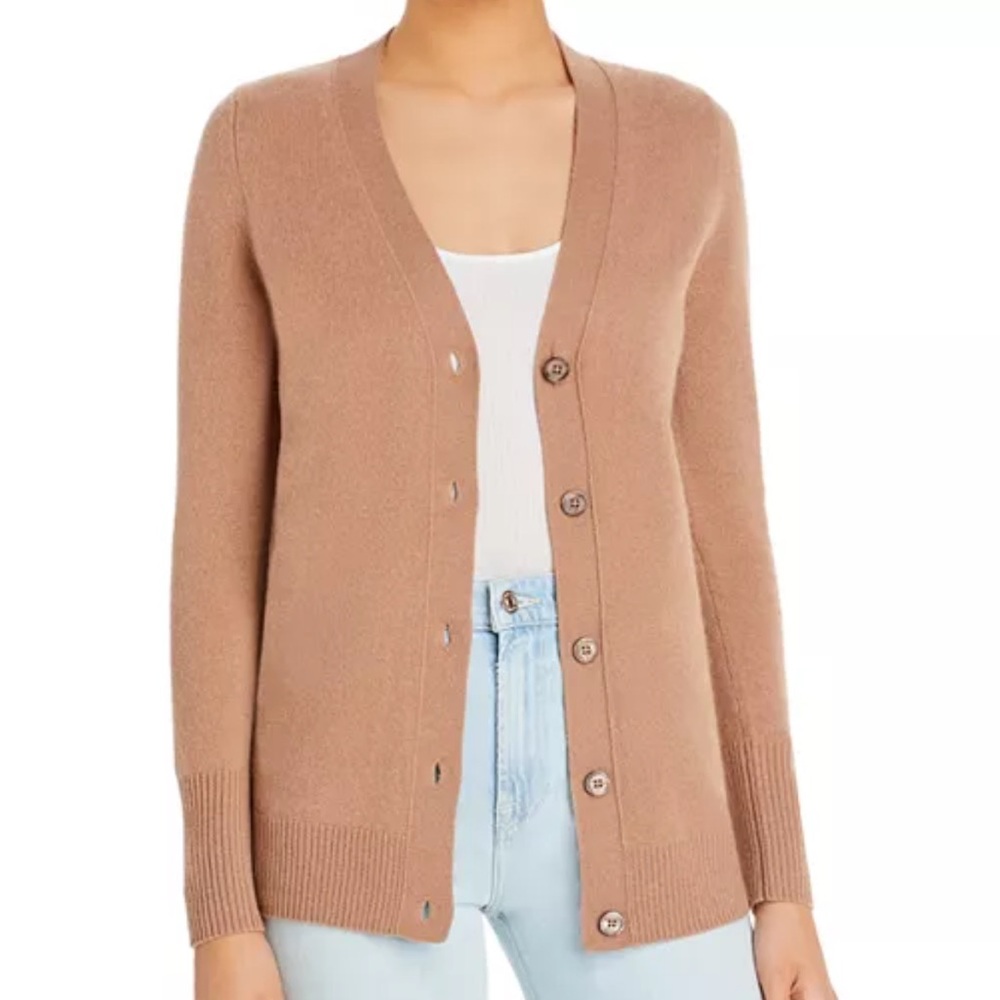 C by Bloomingdale's Cashmere Tan Cardigan Sweater V-Neck Long Sleeve